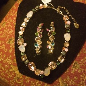 Betsey Johnson M. A. Pink and Green Crystal Choker Necklace and Earrings